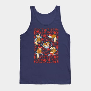 Red panda blending with the foliage // navy background desert sun brown cozy animals fog blue tree branches red acer leaves Tank Top
